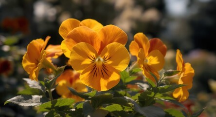 Close-up of vibrant orange pansies in full bloom, illuminated by soft sunlight