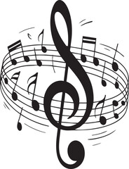 A treble clef is prominently featured with musical notes and staff lines arranged in a circular, dynamic pattern.
