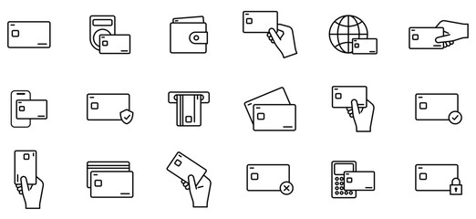カード,クレジットカードで決済・支払する編集可能な線画イメージイラストアイコンセット