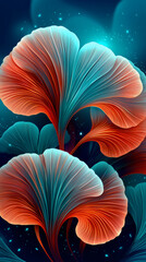 Abstract Bioluminescent Ginkgo Leaves with Teal and Orange Gradient, created with Generative AI Technology, ai, generative