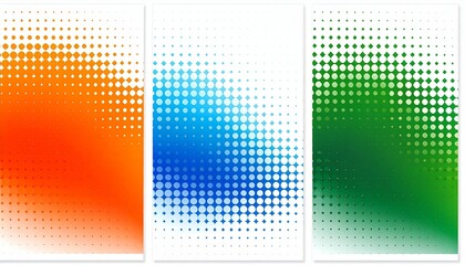 Three abstract dot-grid designs in warm, cool, and green gradients, creating depth and visual rhythm.