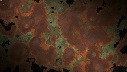 Microscopic view of a copper patina showing vibrant green and orange hues against a dark background.