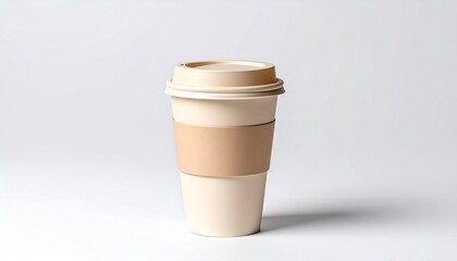 Two disposable coffee cups with beige sleeves on white background, angled for casual sharing or comparison.