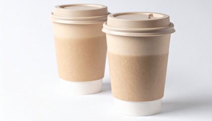 Two disposable coffee cups with beige sleeves on white background, angled for casual sharing or comparison.