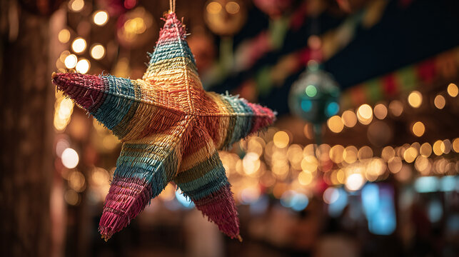 Colorful star pinata hanging from a decorated ceiling with lights, creating a festive ambiance, celebrating cultural traditions in a vibrant setting.