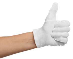 Woman in cloth glove showing thumbs up on white background, closeup