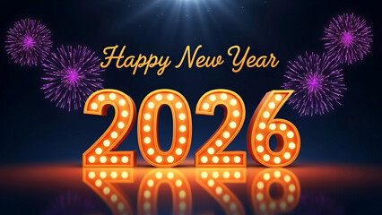 Happy New Year 2026 Marquee Light Numbers with Fireworks, Festive Neon Celebration Design