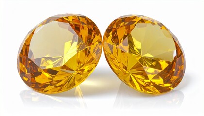 Two brilliant-cut golden-orange gemstones sparkling with precision and vibrant color on white background.