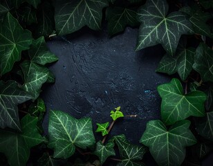 Lush Green Ivy Frame with Dark Textured Background for Creative Compositions