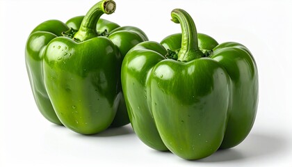 Fresh green bell pepper on white background, highlighting its glossy texture and natural vibrancy.