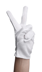 Woman in cloth glove showing number two with her hand against white background, closeup