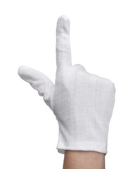 Woman in cloth glove on white background, closeup