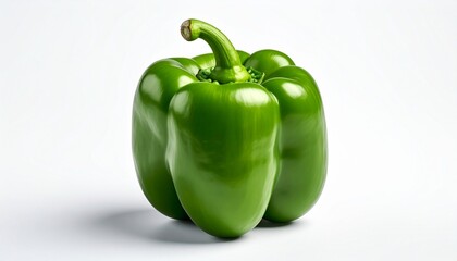 Fresh green bell pepper on white background, highlighting its glossy texture and natural vibrancy.