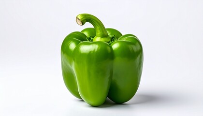 Fresh green bell pepper on white background, highlighting its glossy texture and natural vibrancy.