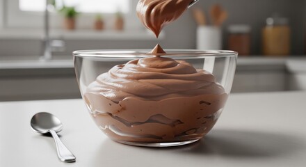 Close-up of whipped chocolate dessert in a glass bowl with spoon, kitchen background