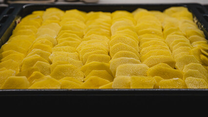 Neatly arranged raw potato slices in a baking tray, ideal for illustrating meal prep, casserole...