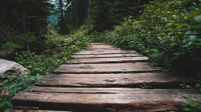 A rustic wooden path meanders through a lush, verdant forest, inviting exploration and connection with the serenity of nature.