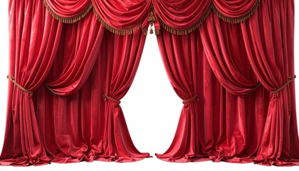 Luxurious red stage curtains with elegant swags and flowing velvet panels, evoking theatrical drama.