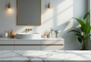 Empty marble table top on blurred minimalistic luxury bathroom at apartment, white day light, clean cozy colors. Place for product display, showing products, side view