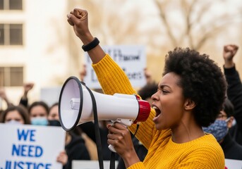 Woman with megaphone raises fist at social justice protest rally.