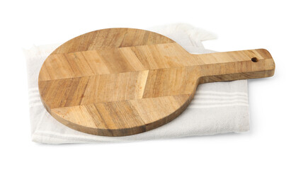 Wooden cutting board and napkin isolated on white