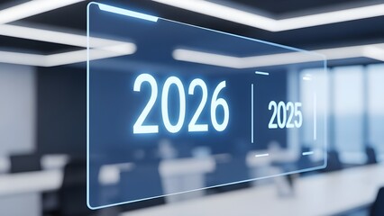 Futuristic 2026 projection in modern office digital display of the year ahead