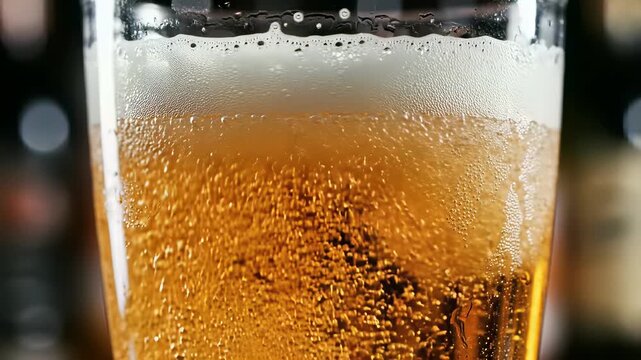 A glass of beer filled with creamy liquid and lively bubbles appears to be in motion, as if its about to overflow, perfectly capturing the concept of relaxation and social gatherings.