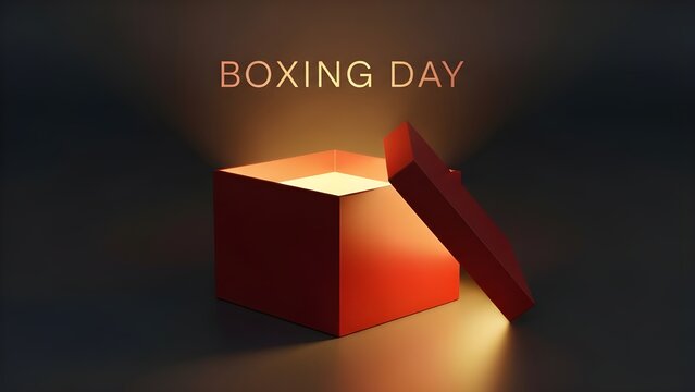 Boxing day celebration open red box with glowing light and holiday text