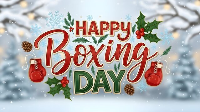 Festive boxing day celebration with holly pine cones and snowy winter background design