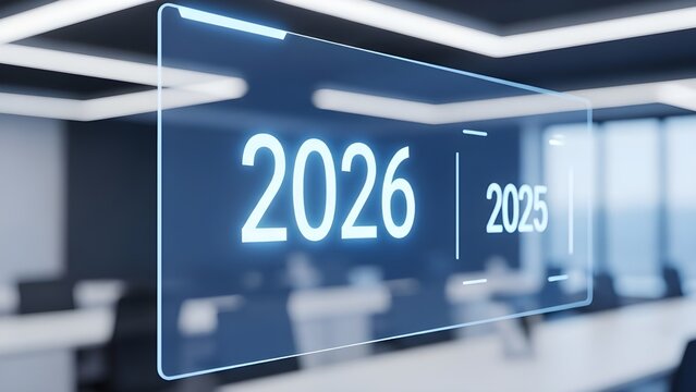 Futuristic 2026 projection in modern office digital display of the year ahead