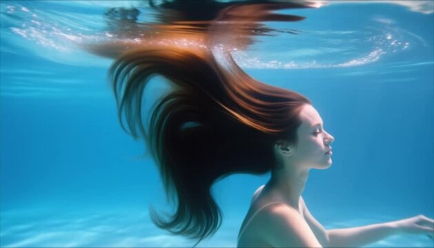 Woman performing slow motion hair flip underwater in clear blue water  