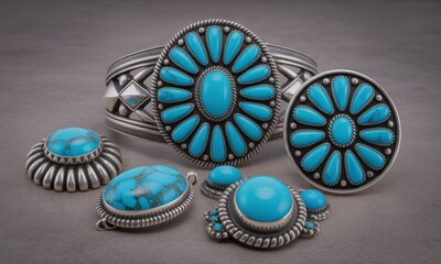 Collection of silver jewelry, featuring turquoise stones, arranged on gray backdrop