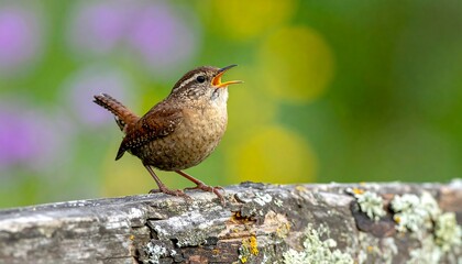 A small brown bird sits on a weathered wooden fence with its beak open, singing against a bokeh floral background