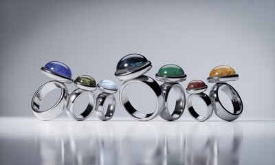 Collection of sleek, silver rings with diverse, colorful, rounded gemstone settings