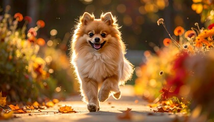 A small, fluffy tan dog happily runs down a path lined with autumn-colored foliage on a sunny day