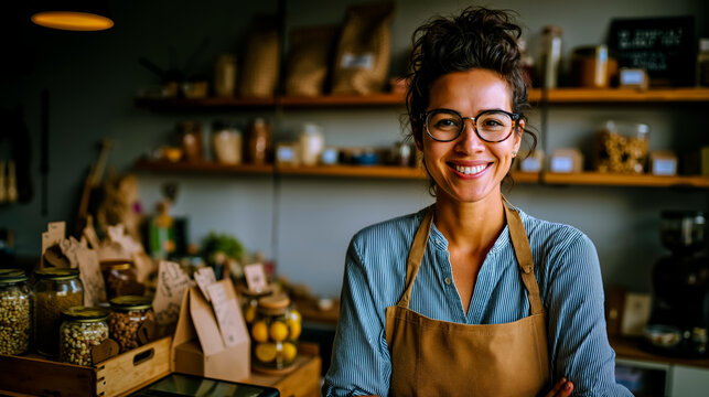 A woman wearing glasses and an apron is smiling at the camera in a store filled with shelves of various items