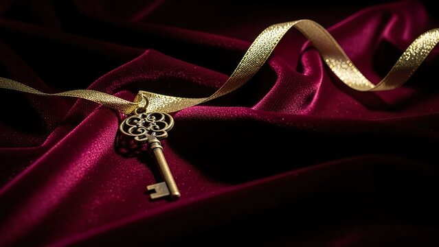 Ornate Antique Skeleton Key Adorned with Golden Ribbon on Luxurious Burgundy Velvet Fabric.