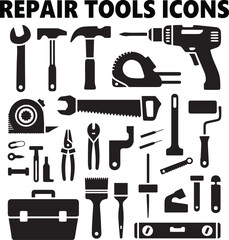 Obraz premium Black Silhouette Repair Tool Icons for Maintenance and Workshop Projects Art & Illustration