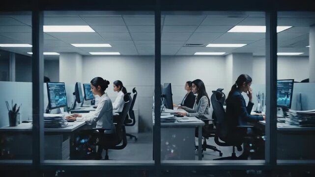 View of a modern skyscraper office building at night with employees working late inside illuminated window sections overlooking a city skyline