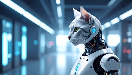 A robotic cat stands in a futuristic hallway, blending organic and metallic forms in blue-lit setting