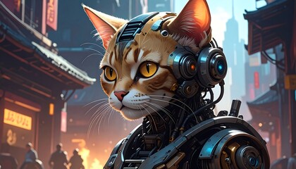 A robotic cat stands in an East-Asian city. Steel and circuits combine with soft fur for a futuristic vibe
