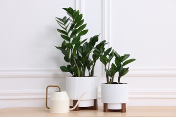 Beautiful potted houseplants and watering can on wooden table near white wall