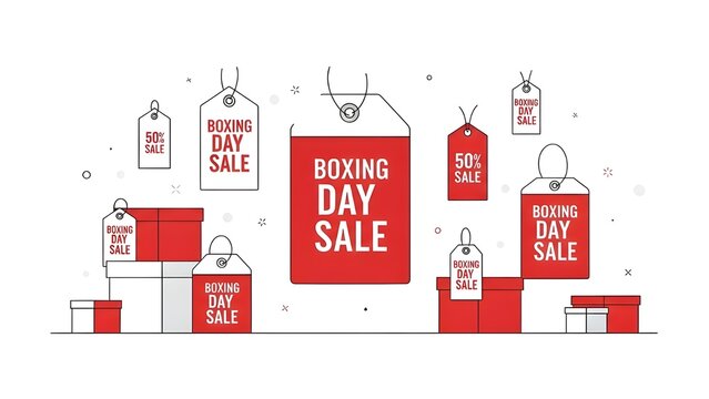 Boxing day sale illustration featuring red gift boxes and hanging sale tags on white