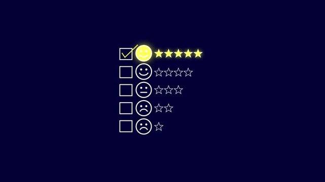 Customer Satisfaction Survey Rating Scale Five Stars Yellow Smiley Face Checkmark Selection Positive Feedback Concept Dark Blue Background