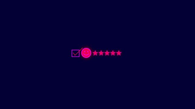 Neon glowing checkmark in a box next to a happy face emoji and five stars rating system on a dark blue background representing customer satisfaction and positive feedback evaluation