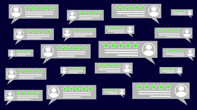 Customer reviews rating stars feedback messages user profiles communication concept graphic design elements on dark blue background