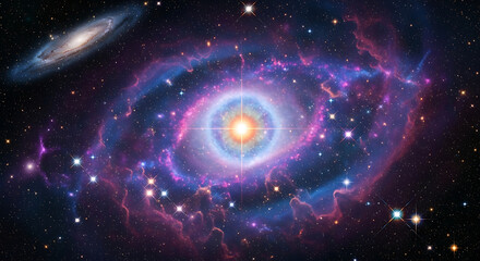 Swirling galaxy with bright core and distant spiral galaxy in cosmic expanse space cosmos