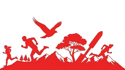 Dynamic runners striving for success, soaring high like an eagle in the mountains, vibrant red artwork symbolizing ambition and achievement, perfect for motivation