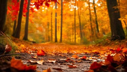 Worn shoes walking through autumn forest with vibrant orange leaves - Powered by Adobe