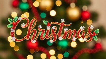 Festive christmas decoration with sparkling text overlay and blurred christmas tree background for holiday season